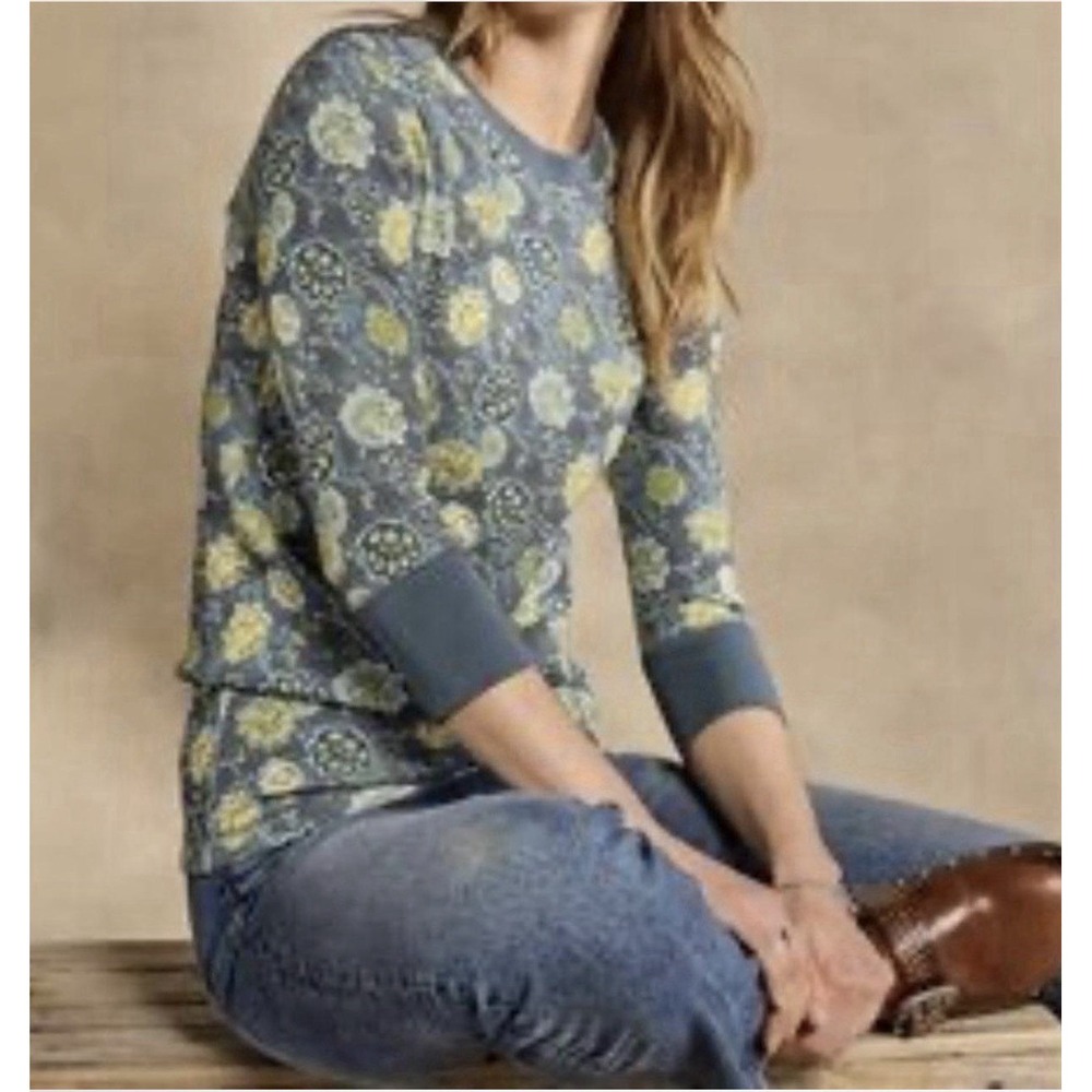 Sundance Size-L Thermal Top Gray Floral Haven  Boho Waffle Knit 3/4 Sleeve